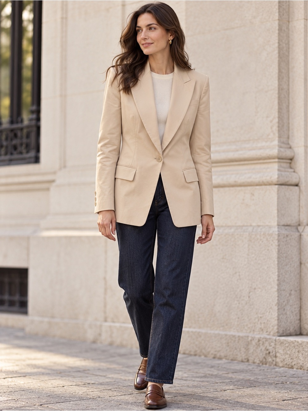 Donna Karan New York Beige Cotton Tailored Blazer Size 8 Made in USA
